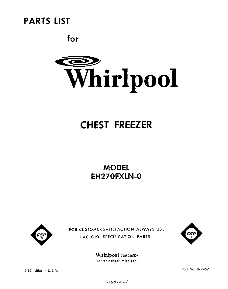 SECTION Diagram and Parts List for EH270FXLN0  Whirlpool Freezer