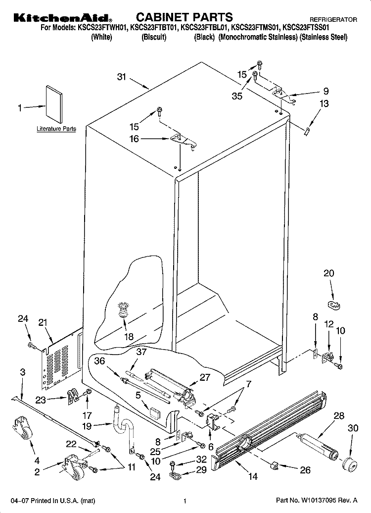 CABINET PARTS Diagram and Parts List for KSCS23FTWH01  KitchenAid Refrigerator