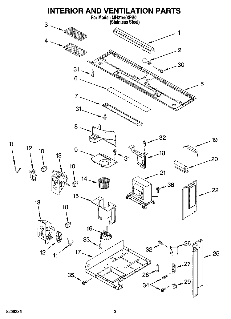 INTERIOR AND VENTILATION PARTS Diagram and Parts List for MH2155XPS0  Whirlpool Microwave