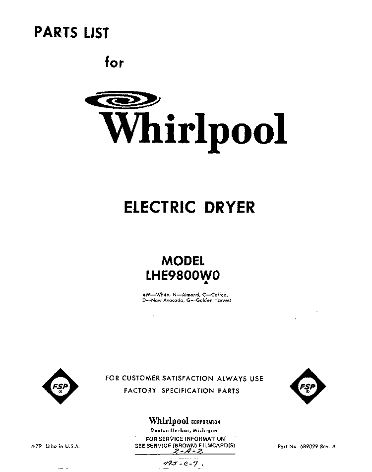 SECTION Diagram and Parts List for LHE9800W0  Whirlpool Dryer