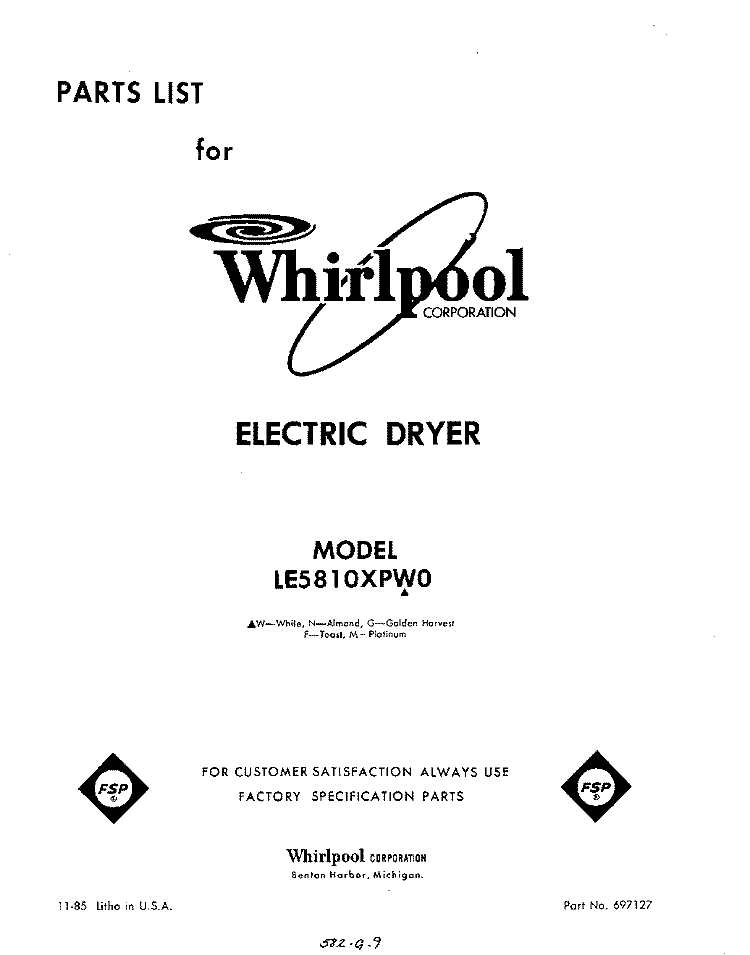 SECTION Diagram and Parts List for LE5810XPW0  Whirlpool Dryer