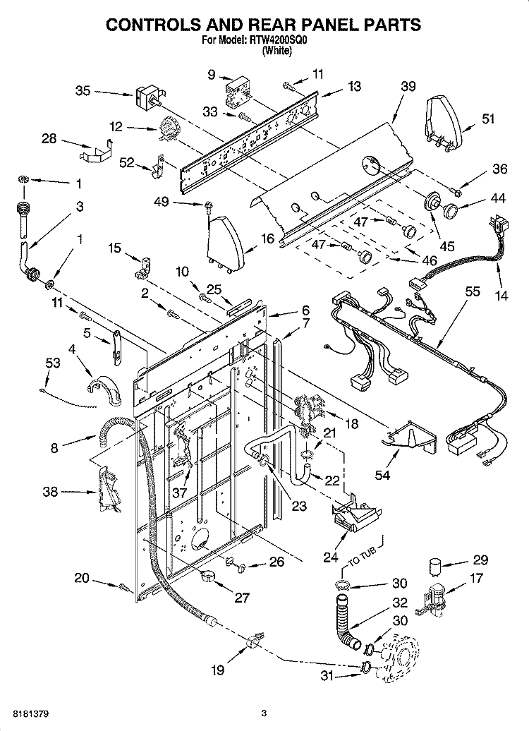 CONTROLS AND REAR PANEL PARTS Diagram and Parts List for RTW4200SQ0  Roper Washer