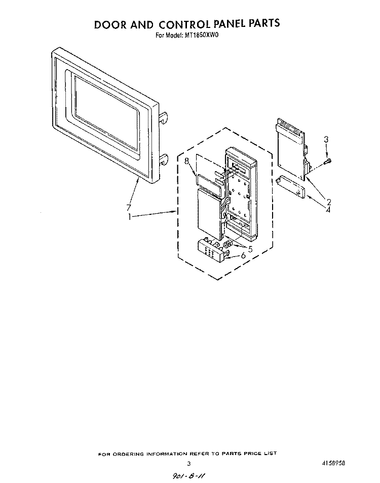 DOOR AND CONTROL PANEL Diagram and Parts List for MT1850XW0  Whirlpool Microwave
