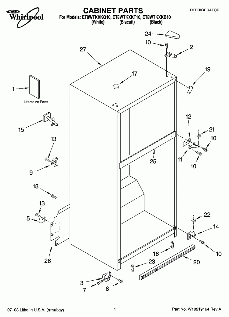 CABINET PARTS Diagram and Parts List for ET8WTKXKT10  Whirlpool Refrigerator