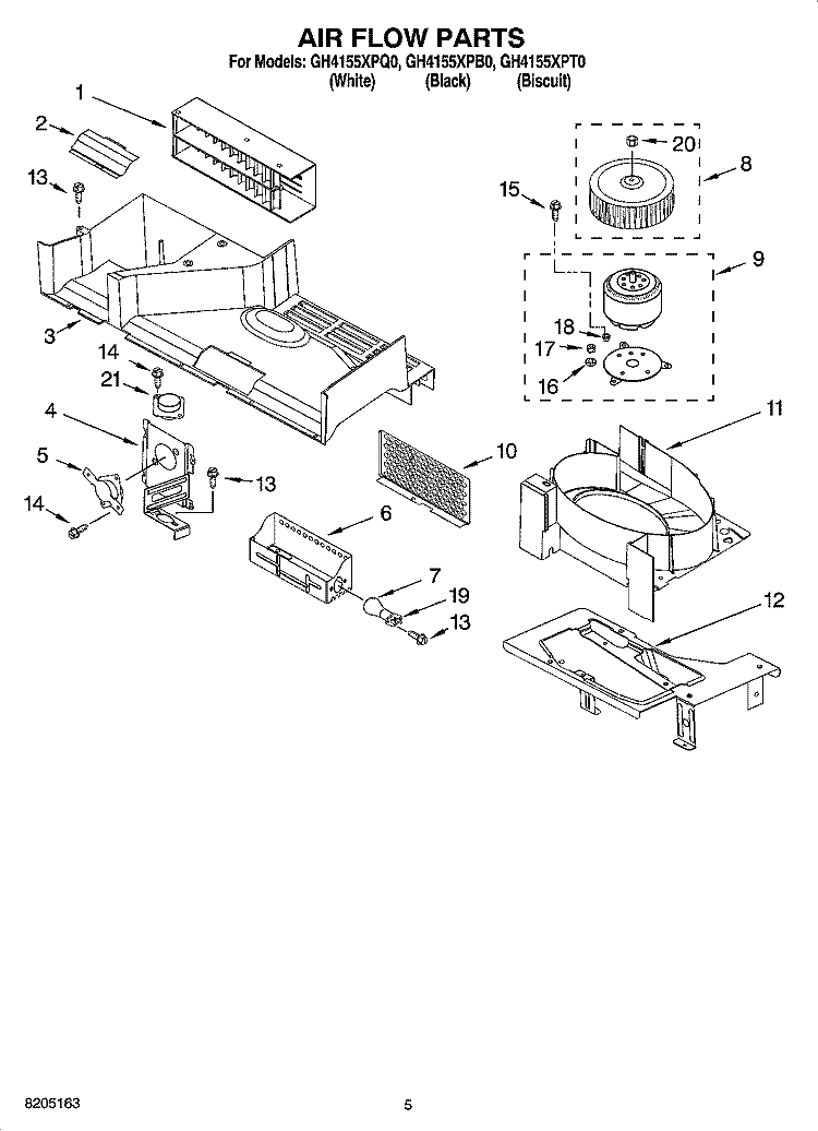 AIR FLOW PARTS Diagram and Parts List for GH4155XPQ0  Whirlpool Microwave