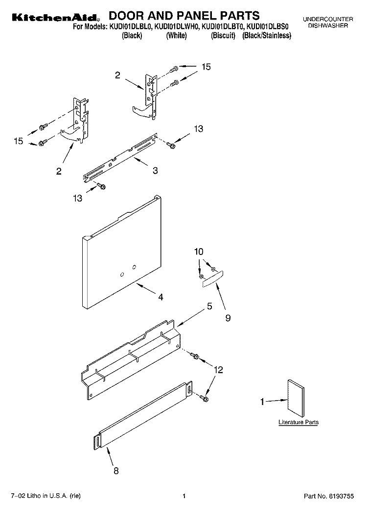 DOOR AND PANEL, LITERATURE Diagram and Parts List for KUDI01DLSS0  Whirlpool Dishwasher