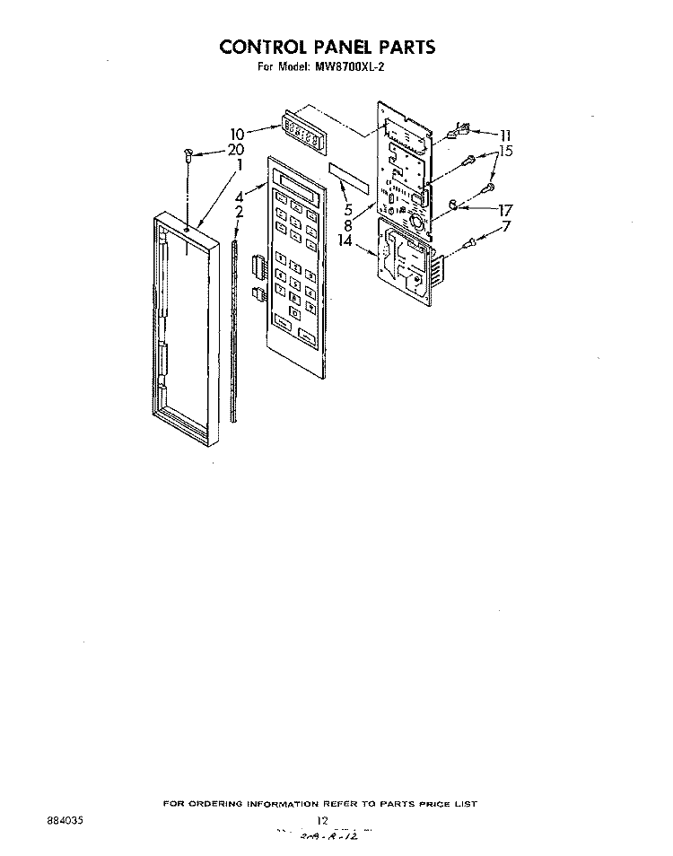 CONTROL PANEL Diagram and Parts List for MW8700XL2  Whirlpool Microwave