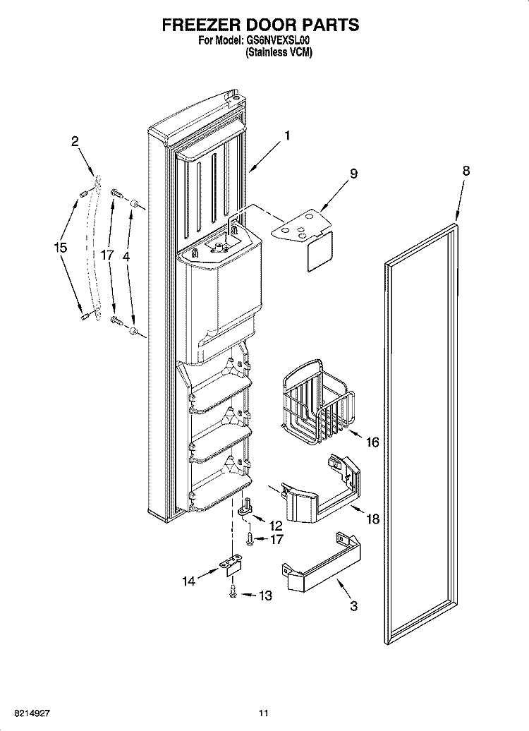 FREEZER DOOR PARTS Diagram and Parts List for GS6NVEXSL00  Whirlpool Refrigerator