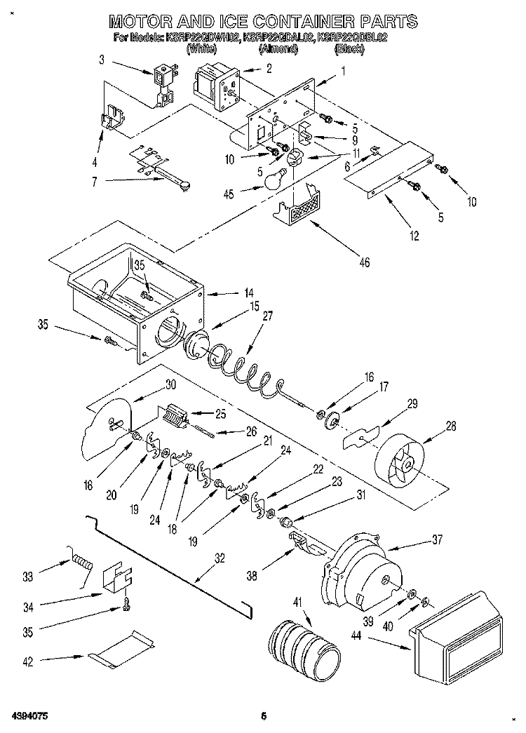 MOTOR AND ICE CONTAINER Diagram and Parts List for KSRP22QDAL02  KitchenAid Refrigerator