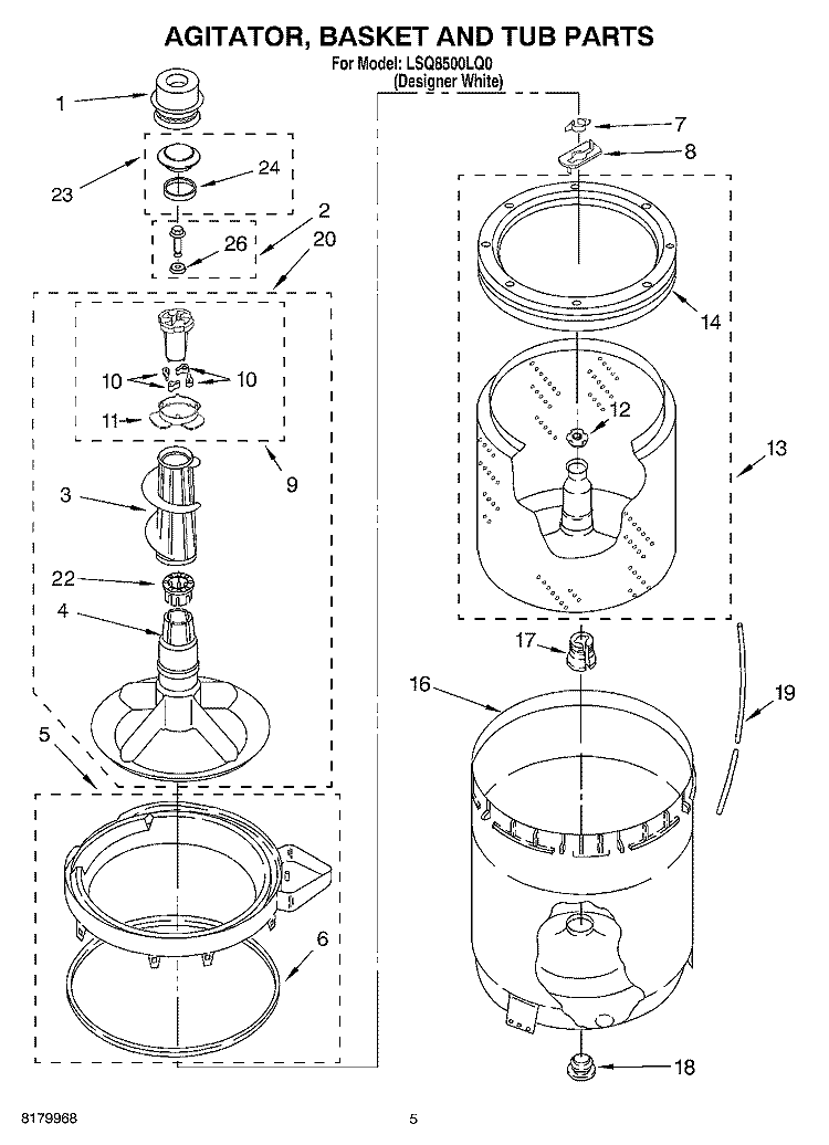 AGITATOR, BASKET AND TUB PARTS Diagram and Parts List for LSQ8500LQ0  Whirlpool Washer
