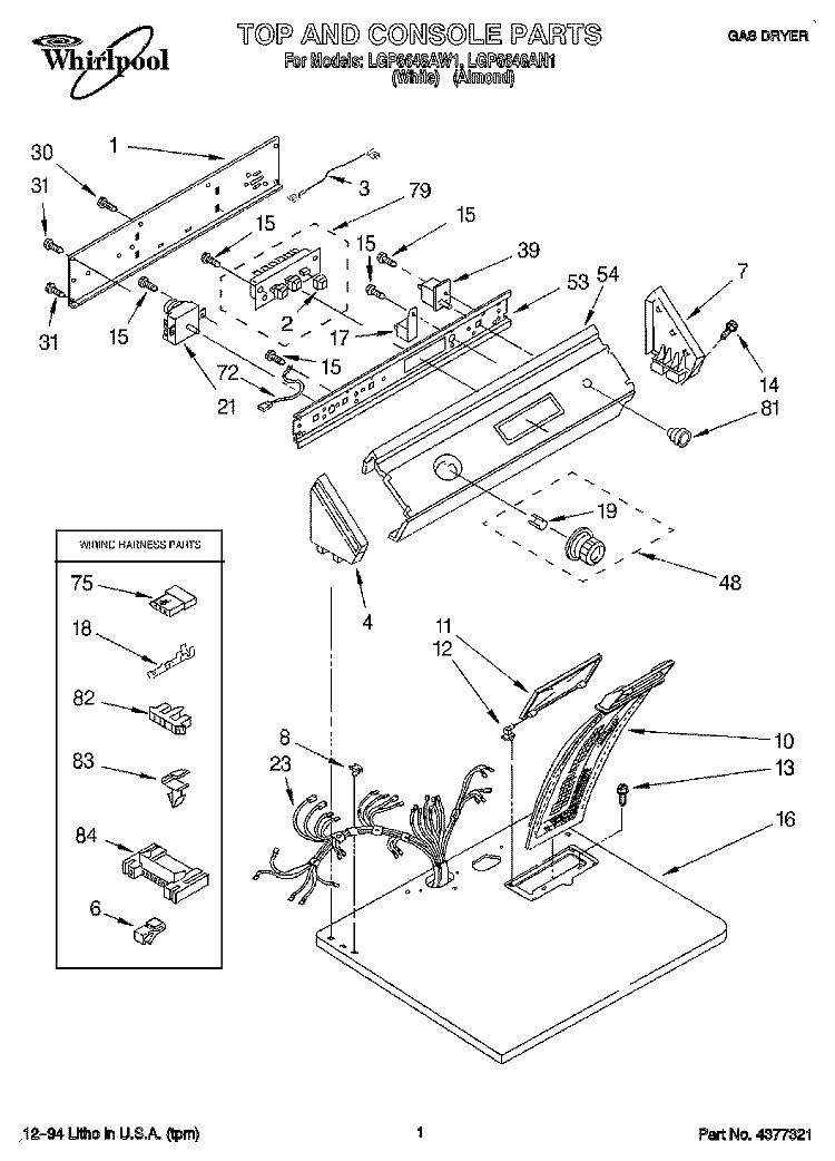 TOP AND CONSOLE, LIT/OPTIONAL Diagram and Parts List for LGP6646AW1  Whirlpool Dryer