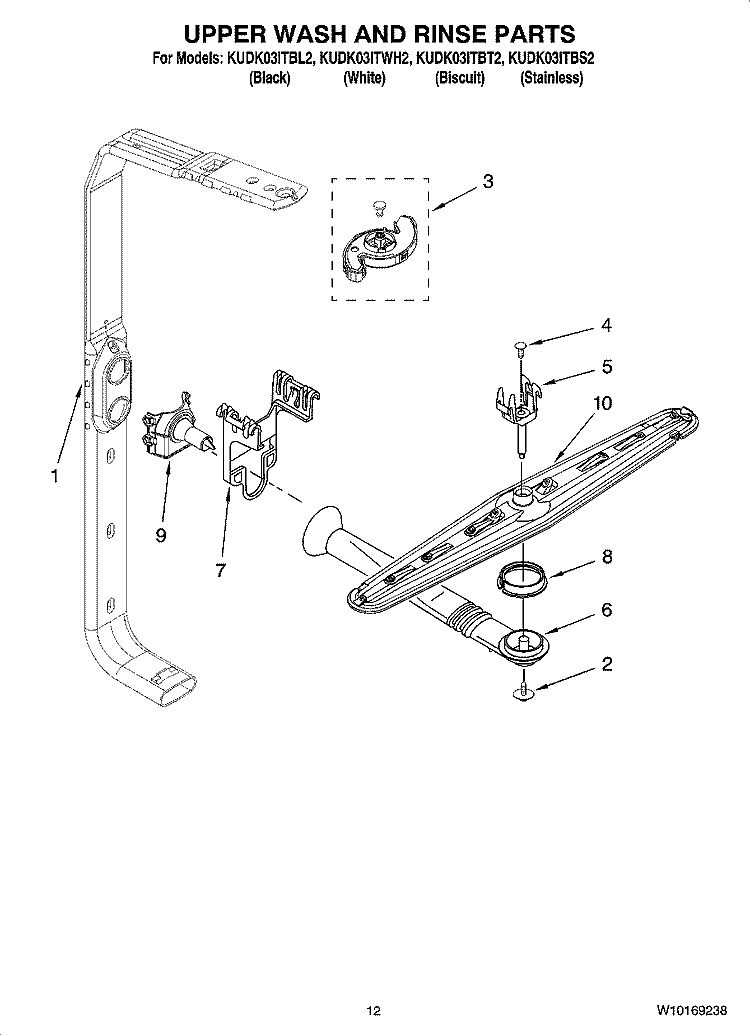 UPPER WASH AND RINSE PARTS Diagram and Parts List for KUDK03ITWH2  KitchenAid Dishwasher