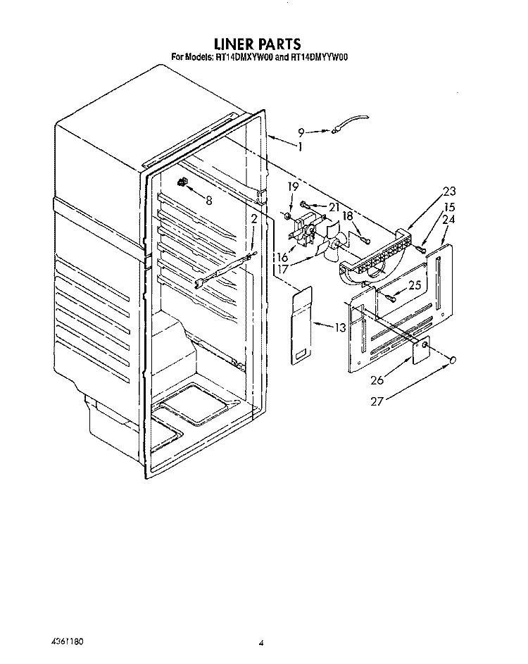 LINER Diagram and Parts List for RT14DMXYW00  Roper Refrigerator