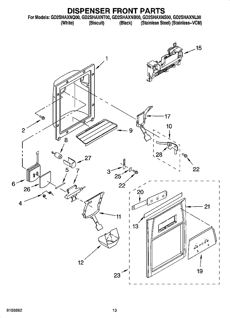 DISPENSER FRONT PARTS Diagram and Parts List for GD2SHAXNB00  Whirlpool Refrigerator