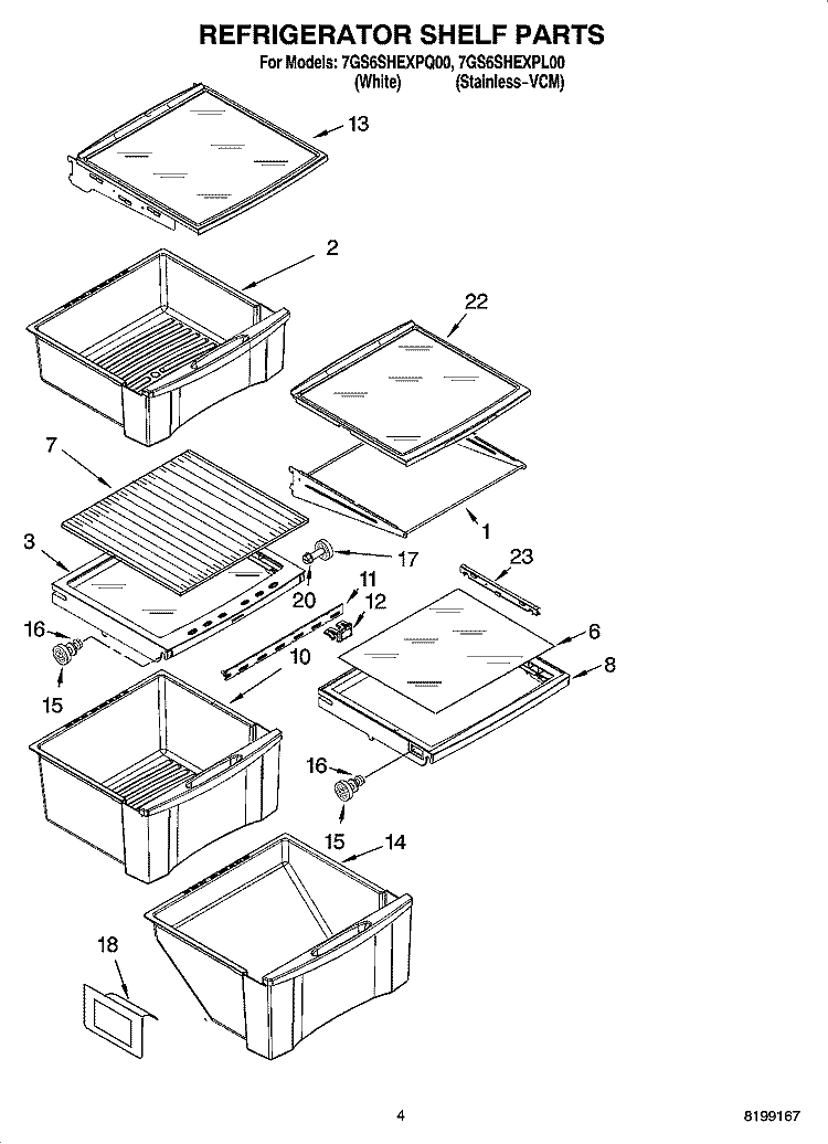 REFRIGERATOR SHELF PARTS Diagram and Parts List for 7GS6SHEXPQ00  Whirlpool Refrigerator