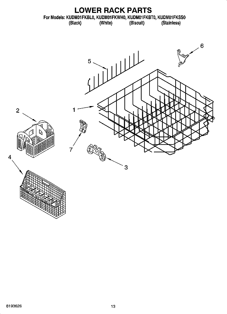 LOWER RACK PARTS Diagram and Parts List for KUDM01FKSS0  KitchenAid Dishwasher