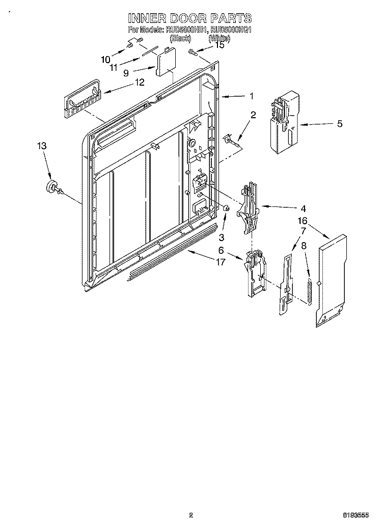 INNER DOOR Diagram and Parts List for RUD5000HB1  Roper Dishwasher