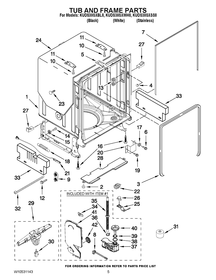 TUB AND FRAME PARTS Diagram and Parts List for KUDS30SXBL8  KitchenAid Dishwasher