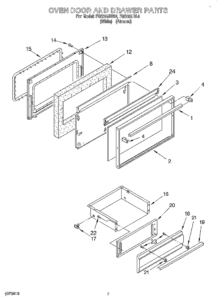 OVEN DOOR AND DRAWER Diagram and Parts List for FGS385BL4  Roper Range