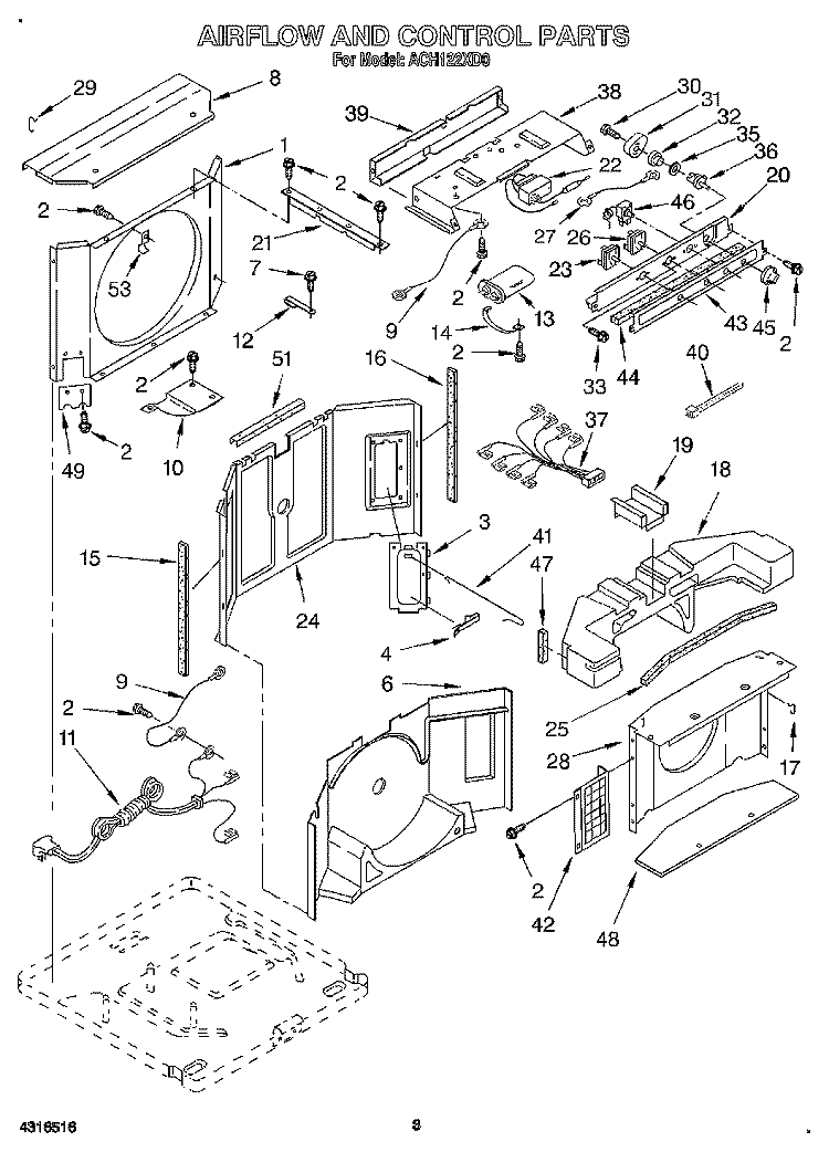 AIRFLOW AND CONTROL Diagram and Parts List for ACH122XD0  Whirlpool Air Conditioner