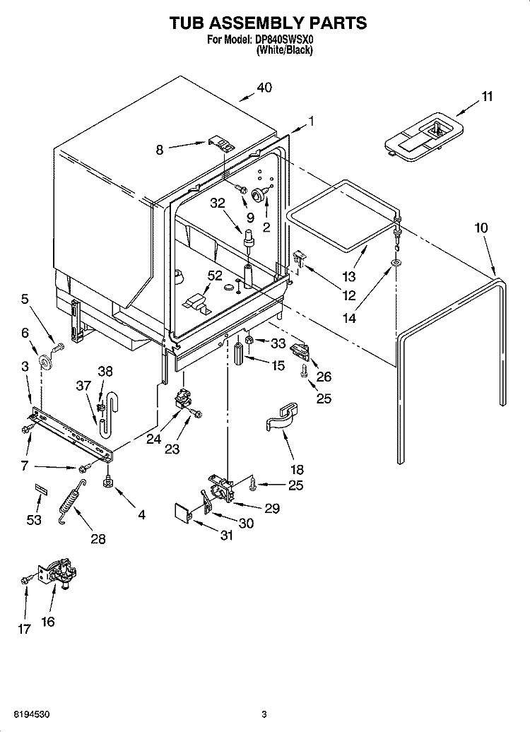 TUB ASSEMBLY PARTS Diagram and Parts List for DP840SWSX0  Whirlpool Dishwasher