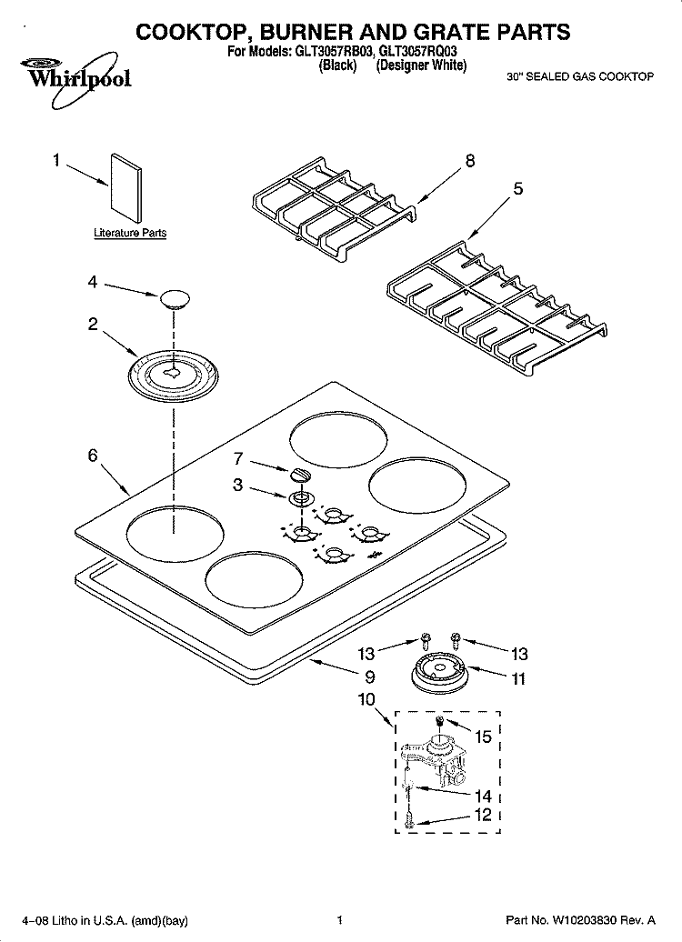 COOKTOP, BURNER AND GRATE PARTS Diagram and Parts List for GLT3057RQ03  Whirlpool Cooktop