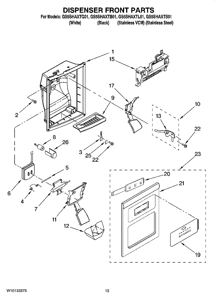 DISPENSER FRONT PARTS Diagram and Parts List for GS5SHAXTL01  Whirlpool Refrigerator