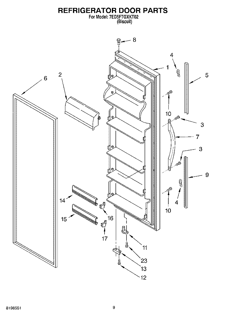 REFRIGERATOR DOOR PARTS Diagram and Parts List for 7ED5FTGXKT02  Whirlpool Refrigerator