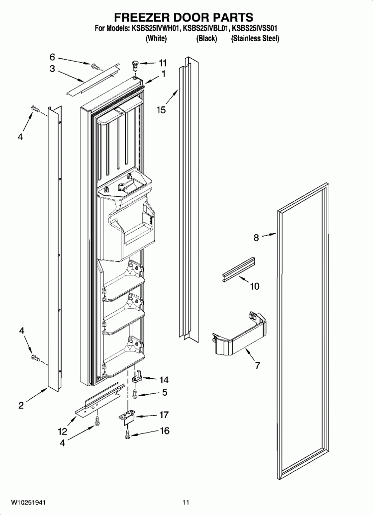 FREEZER DOOR PARTS Diagram and Parts List for KSBS25IVBL01  KitchenAid Refrigerator