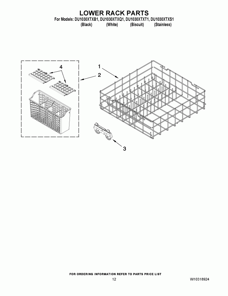 LOWER RACK PARTS Diagram and Parts List for DU1030XTXB1  Whirlpool Dishwasher