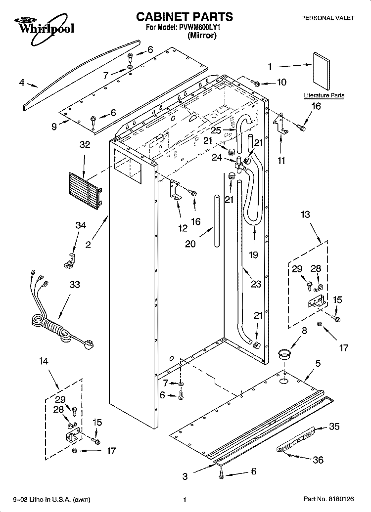 CABINET PARTS Diagram and Parts List for PVWM600LY1  Whirlpool Cabinet