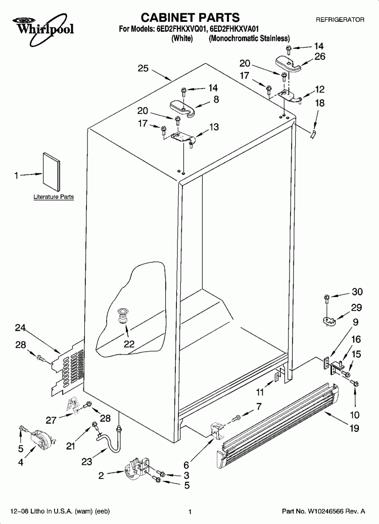 CABINET PARTS Diagram and Parts List for 6ED2FHKXVA01  Whirlpool Refrigerator