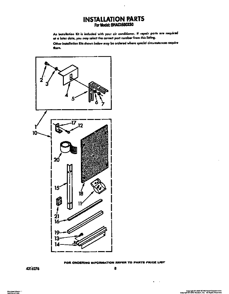 INSTALLATION Diagram and Parts List for BHAC0500XS0  Whirlpool Air Conditioner