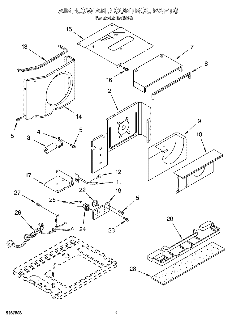 AIR FLOW AND CONTROL Diagram and Parts List for RA123K0  Whirlpool Air Conditioner
