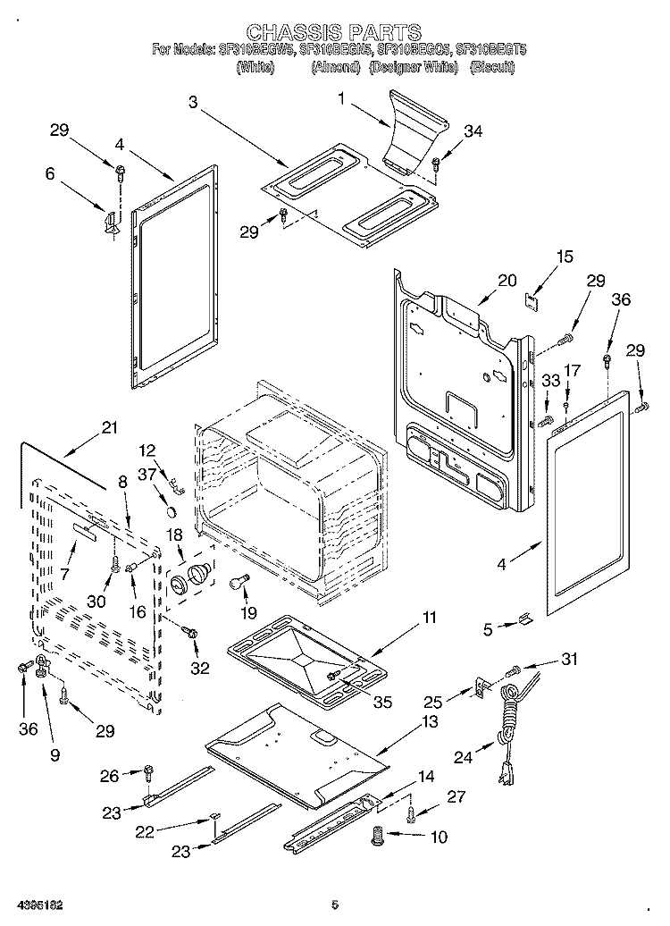 CHASSIS Diagram and Parts List for SF310BEGW5  Whirlpool Range