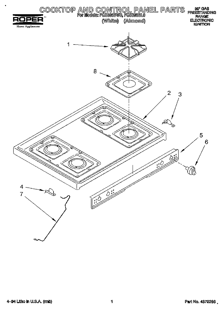 COOKTOP AND CONTROL PANEL Diagram and Parts List for FGS395BL0  Roper Range