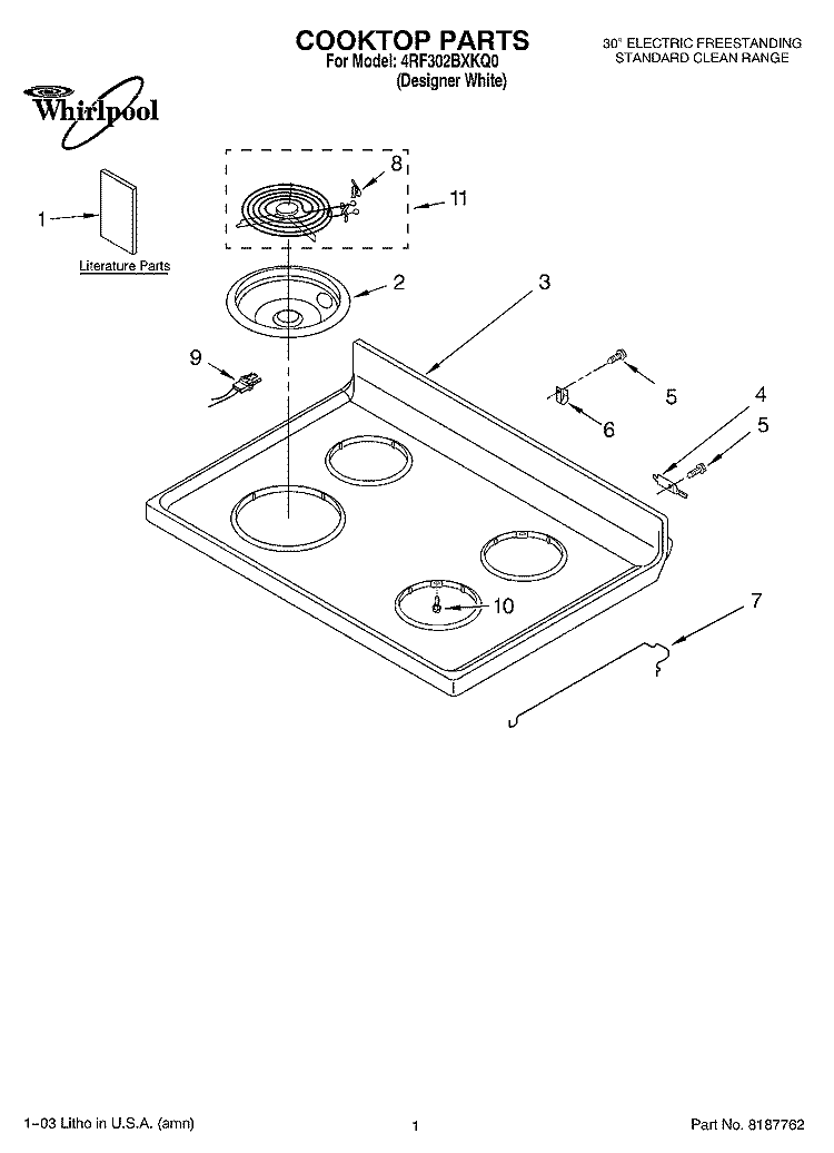 COOKTOP PARTS Diagram and Parts List for 4RF302BXKQ0  Whirlpool Range