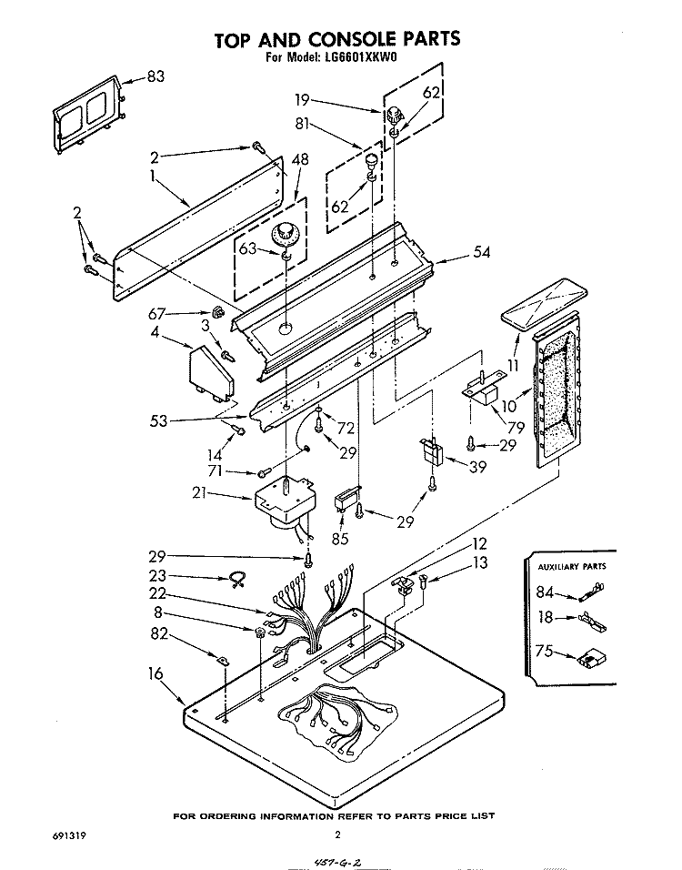 TOP AND CONSOLE , LITERATURE AND OPTIONAL Diagram and Parts List for LG6601XKW0  Whirlpool Dryer