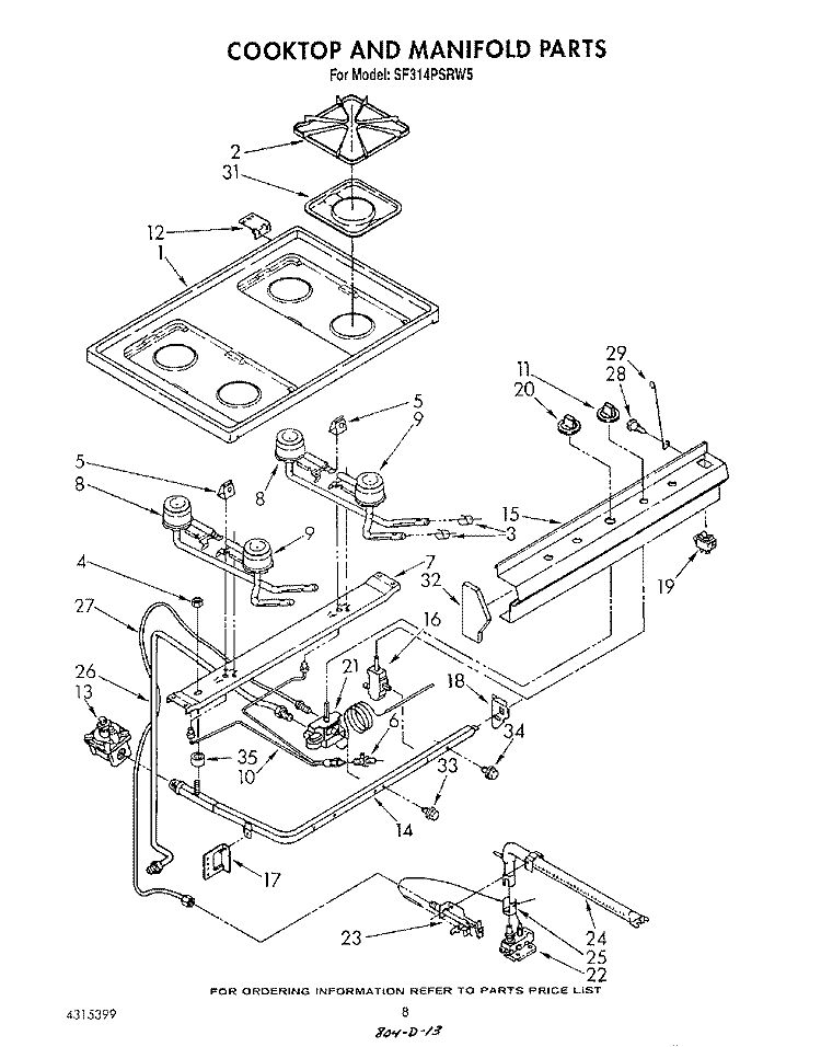COOK TOP AND MANIFOLD , LITERATURE Diagram and Parts List for SF314PSRW5  Whirlpool Range