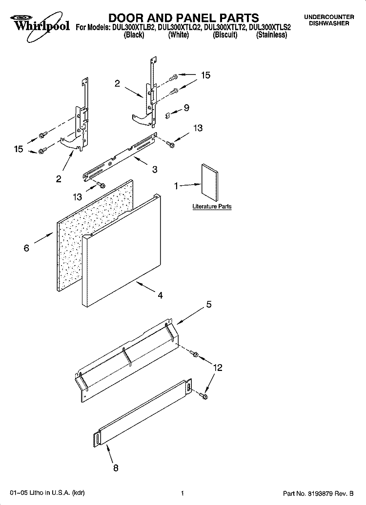 DOOR AND PANEL PARTS Diagram and Parts List for DUL300XTLS2  Whirlpool Dishwasher