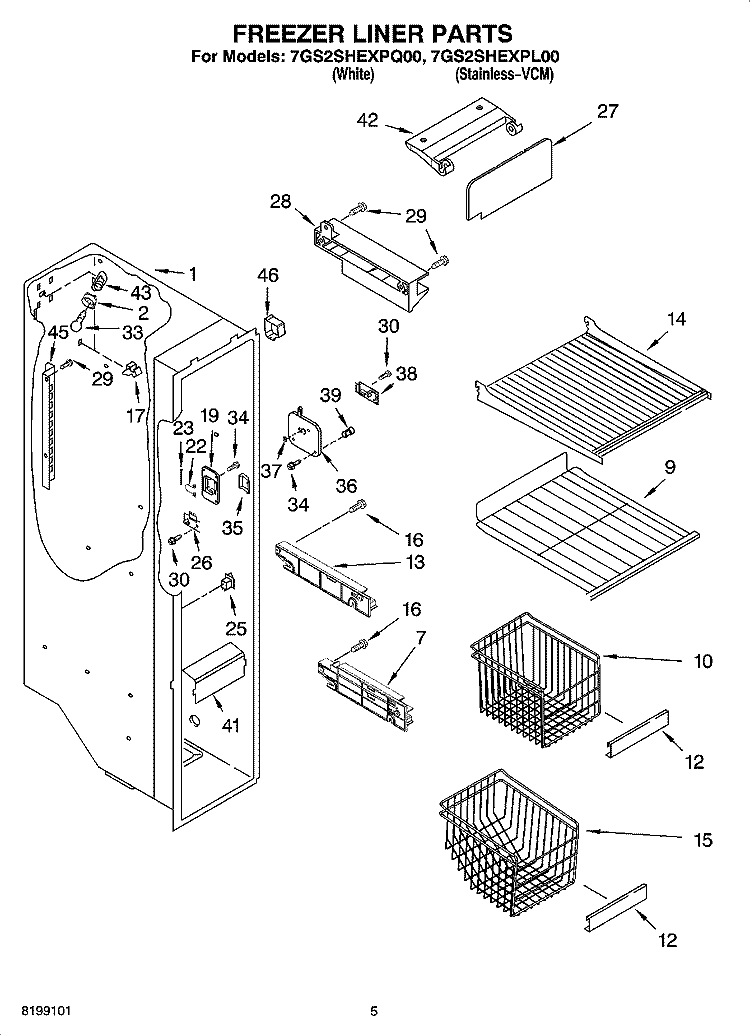 FREEZER LINER PARTS Diagram and Parts List for 7GS2SHEXPQ00  Whirlpool Refrigerator