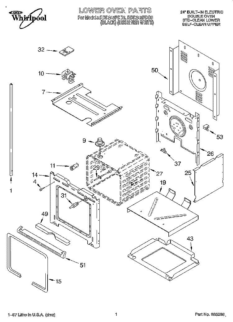 LOWER OVEN Diagram and Parts List for RBD245PDQ3  Whirlpool Wall Oven