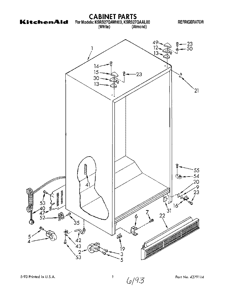 CABINET Diagram and Parts List for KSRS27QAWH00  KitchenAid Refrigerator