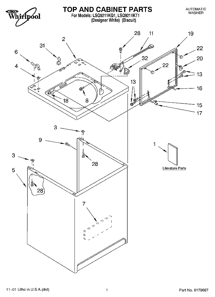 TOP AND CABINET, LITERATURE Diagram and Parts List for LSQ9211KT1  Whirlpool Washer