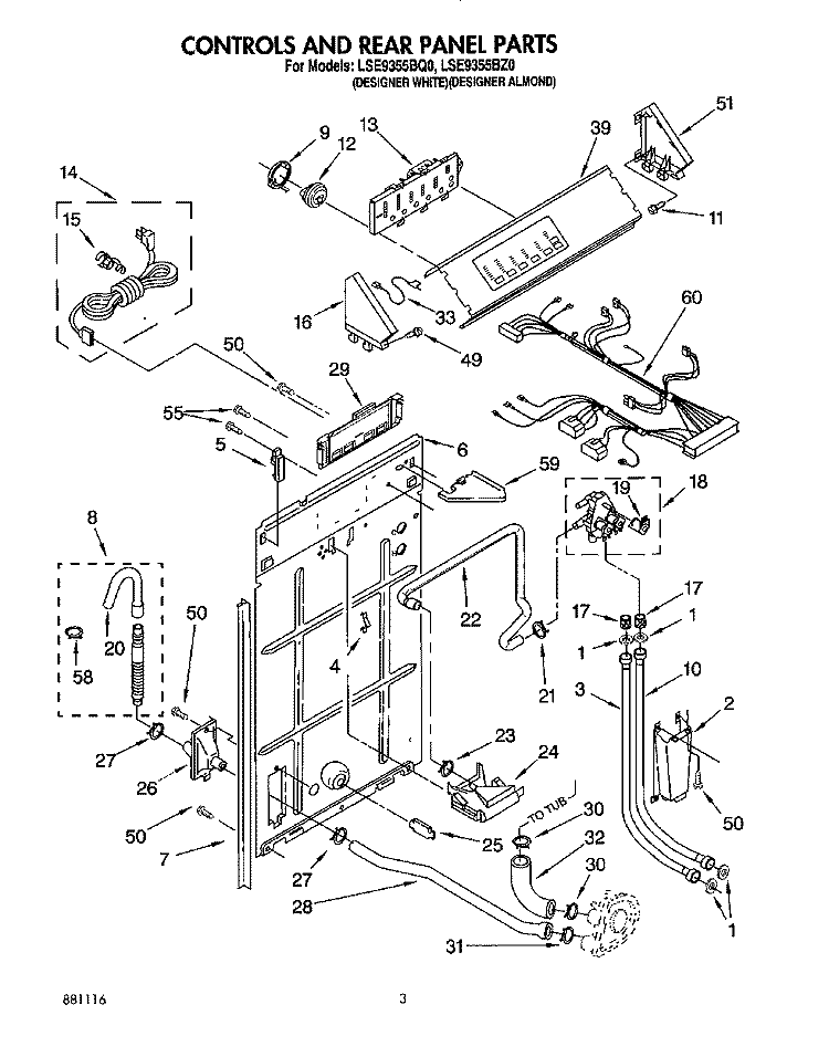 CONTROLS AND REAR PANEL Diagram and Parts List for LSE9355BQ0  Whirlpool Washer