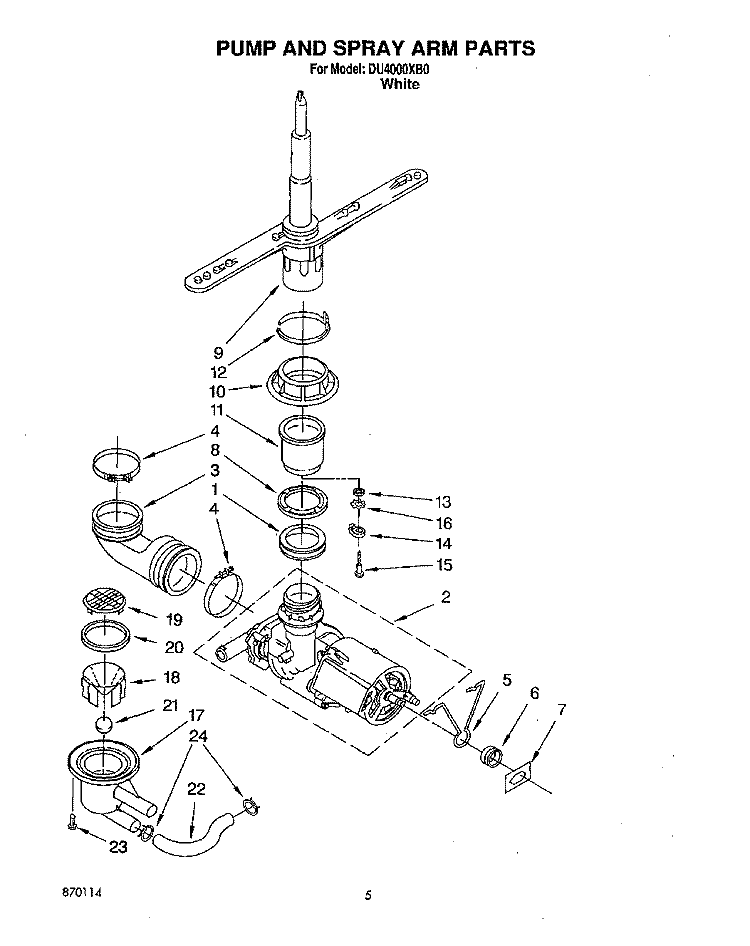 PUMP AND SPRAY ARM Diagram and Parts List for DU4000XB0  Whirlpool Dishwasher