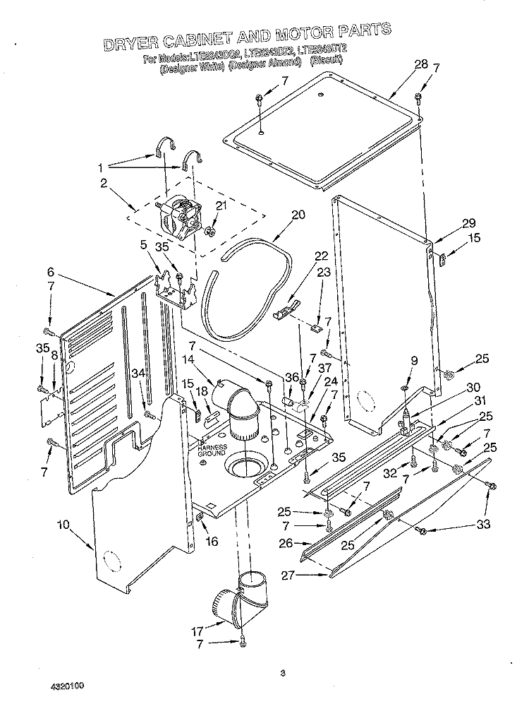 DRYER CABINET AND MOTOR Diagram and Parts List for LTE5243DQ2  Whirlpool Washer Dryer Combo