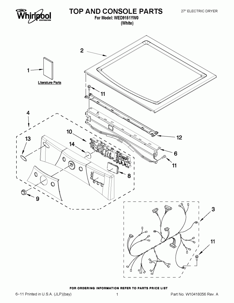 TOP AND CONSOLE PARTS Diagram and Parts List for WED9151YW0  Whirlpool Dryer