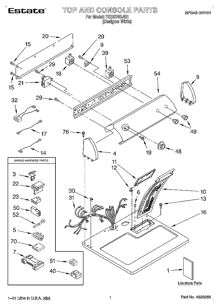 TOP AND CONSOLE, LIT/OPTIONAL Diagram and Parts List for TGDS780JQ1  Estate Dryer