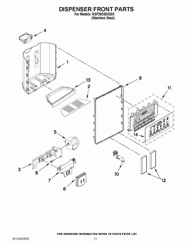 DISPENSER FRONT PARTS Diagram and Parts List for GSF26C5EXS03  Whirlpool Refrigerator